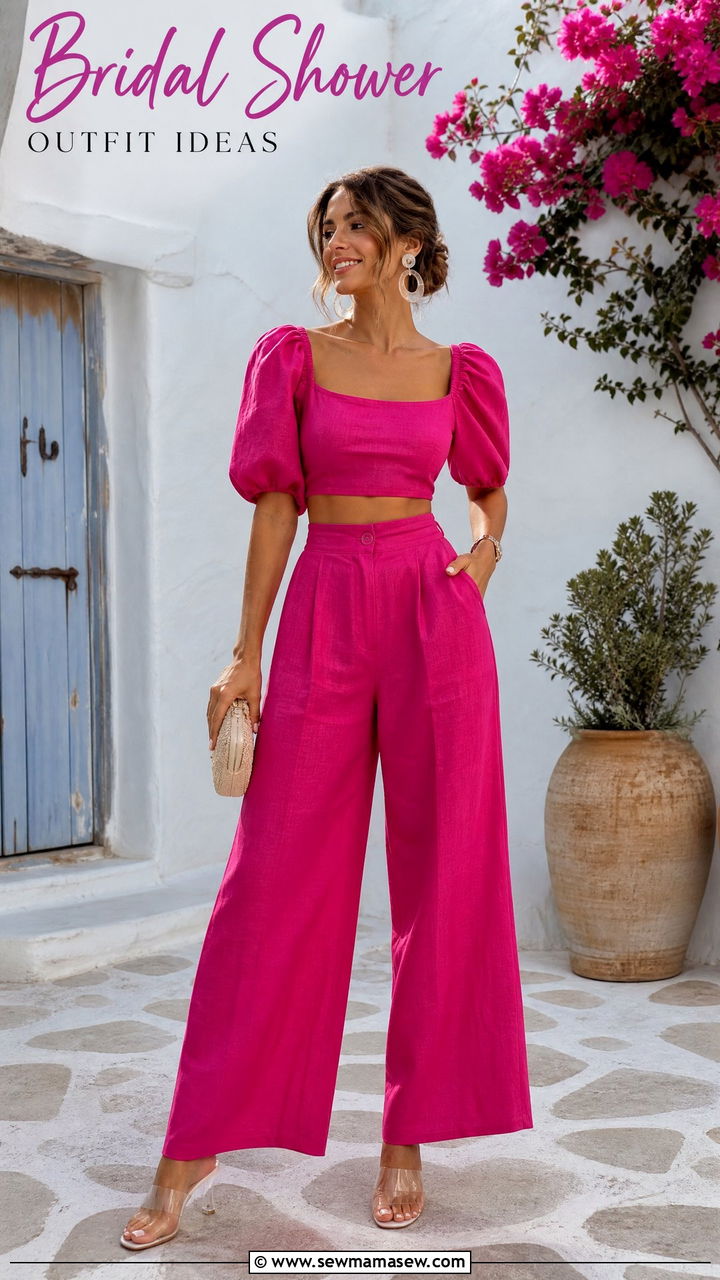 Puff Sleeve Crop Top And High Waisted Trouser Set Outfit - 30 bridal shower outfit ideas for women
