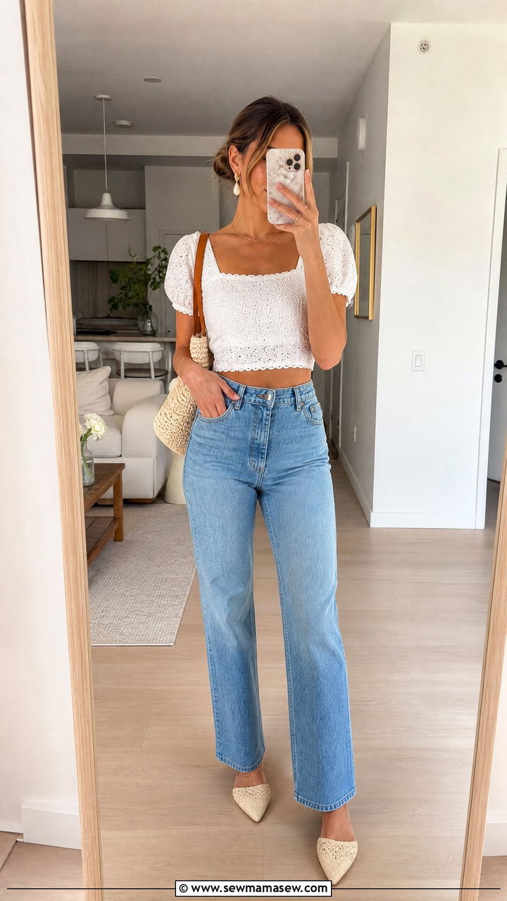 Puff Sleeve Crop Top With Straight Jeans Summer Outfit - 30 Summer outfits with crop top