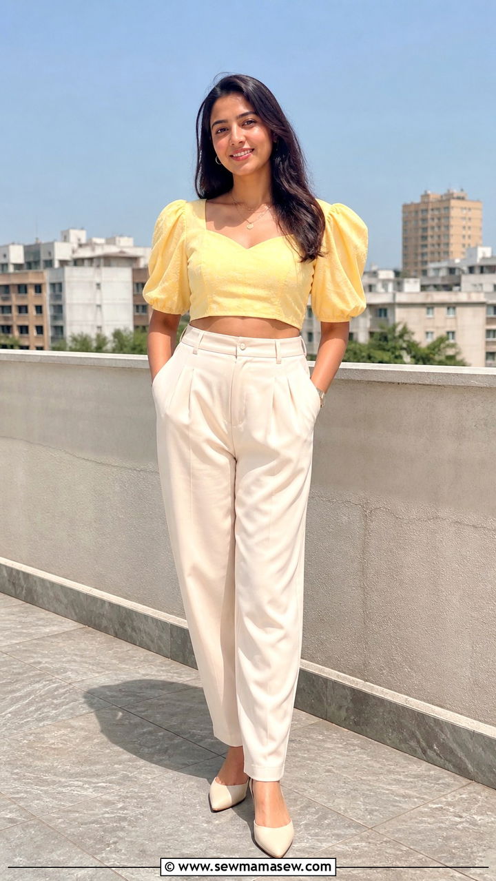 Puff Sleeve Crop Top and High Waist Trousers - 40 spring aesthetic outfit ideas