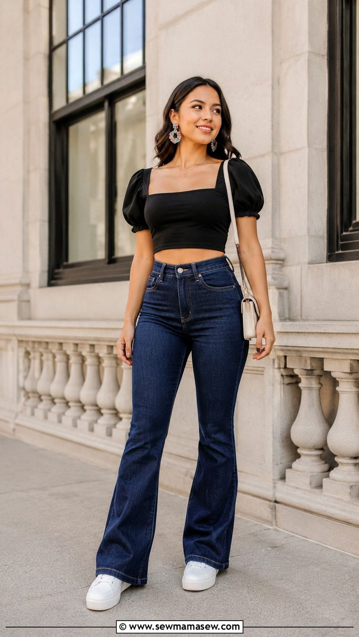 Puff Sleeve Crop Top with Flare Jeans and Platform Sneakers - 20 Petite outfit ideas 4'11