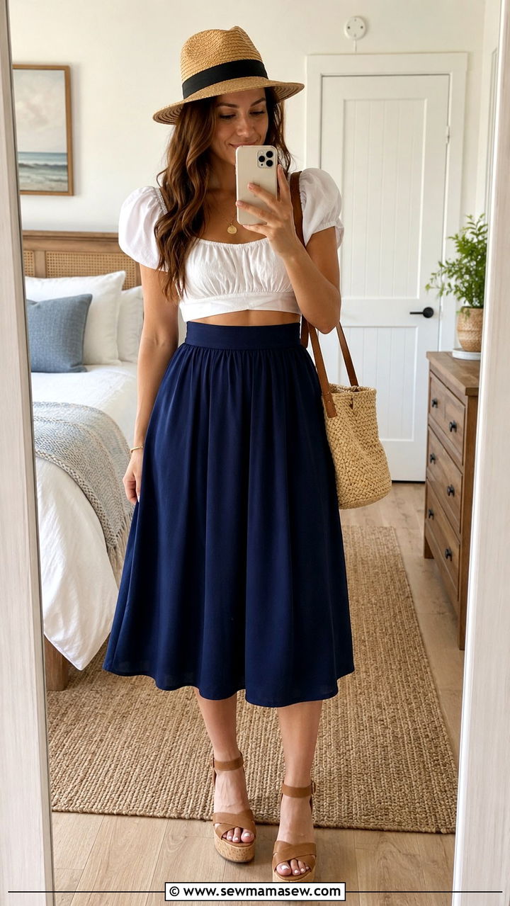 Puff Sleeve Crop Top with High Waisted A Line Skirt - 25 Vacation outfits for pear shape