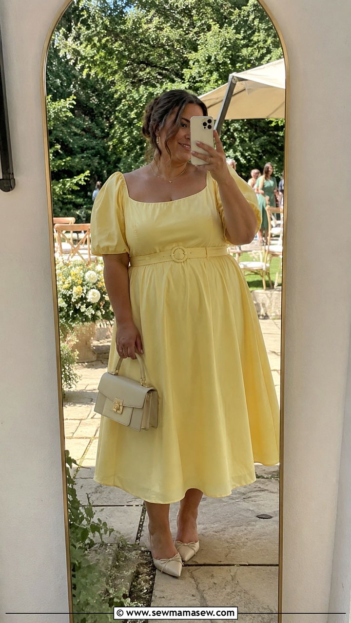 Puff Sleeve Dress With Ballet Flats - 30 Plus size outfit ideas for wedding guest