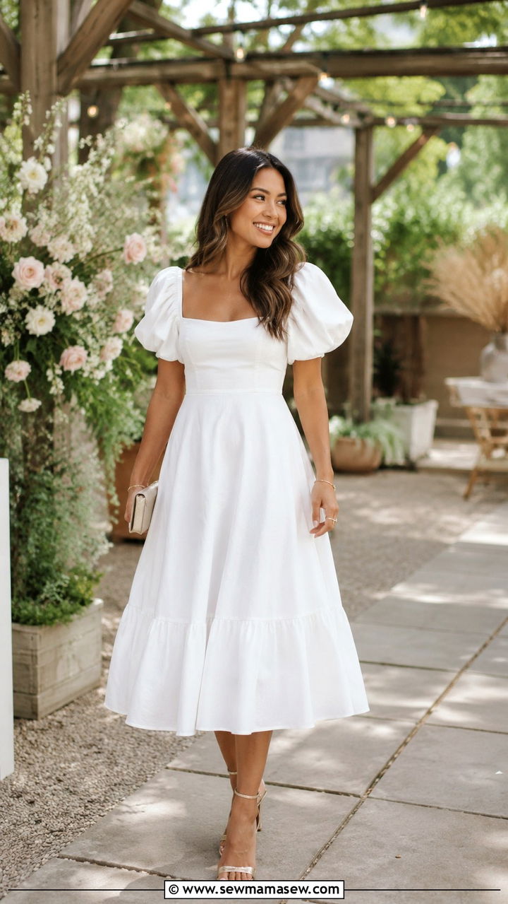 Puff Sleeve Dress With Strappy Sandals - 30 Party outfits for pear shape