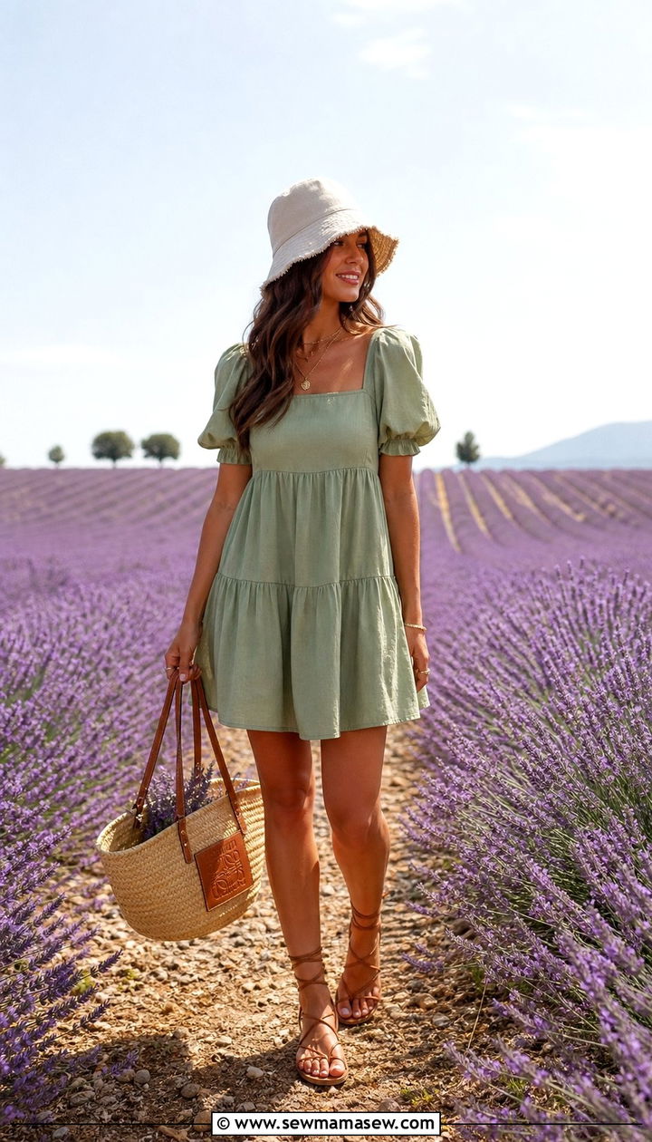 Puff Sleeve Dress With Straw Tote - 25 Cottagecore outfits 2026