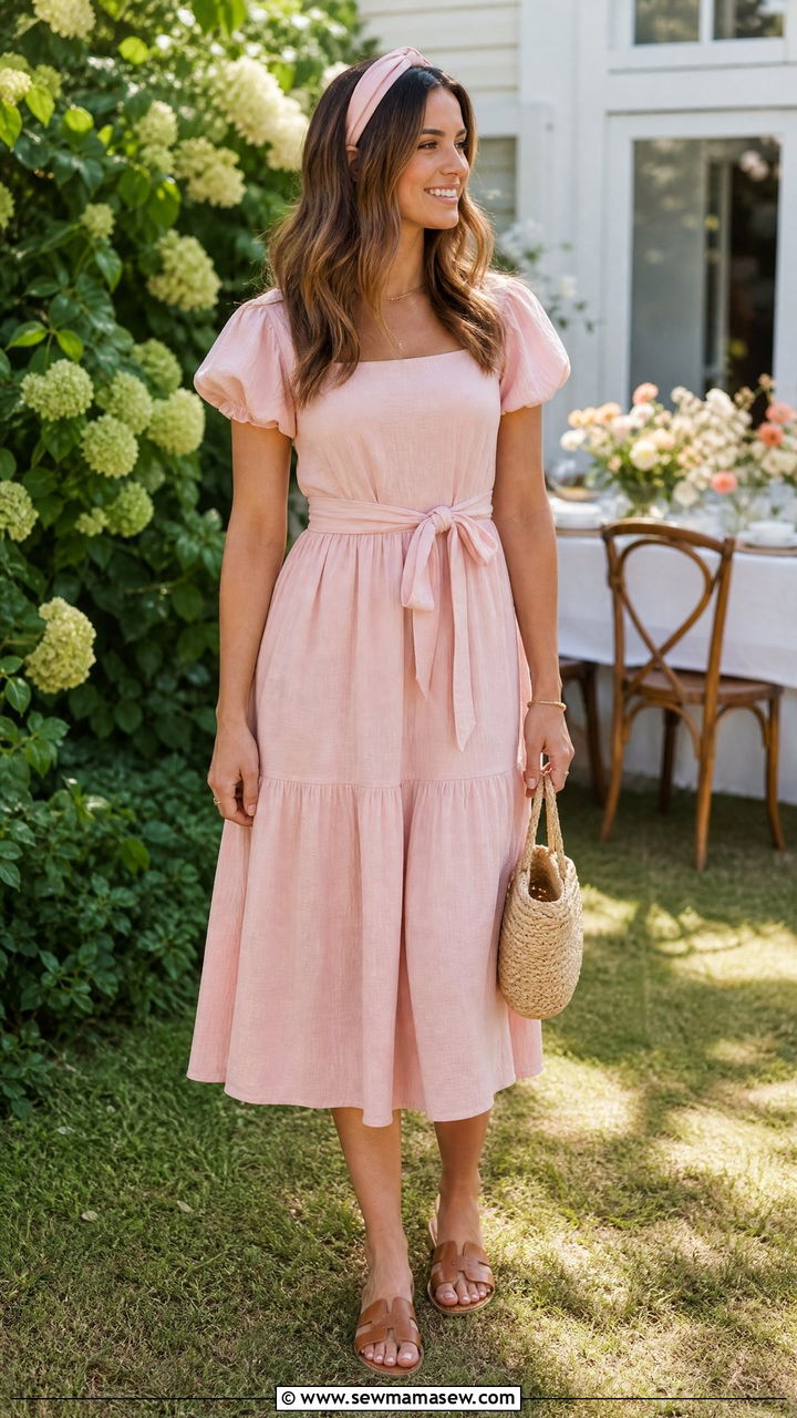 Puff Sleeve Dress with Waist Tie - 30 Family reunion outfit ideas summer