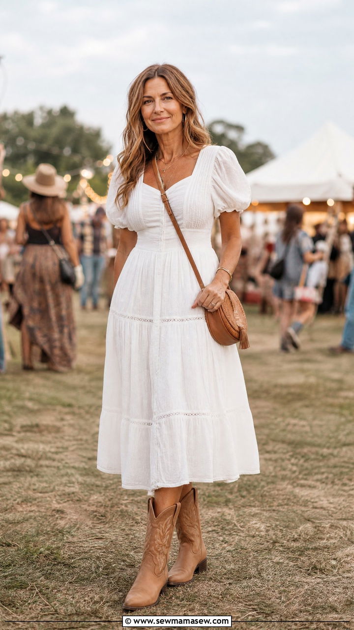 Puff Sleeve Dress with Western Boots - 30 Concert outfit ideas for women over 40