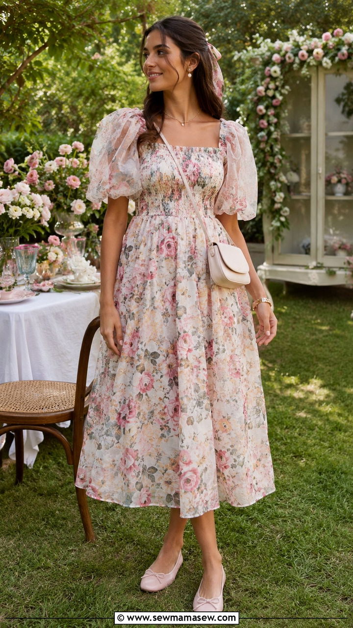 Puff Sleeve Floral Dress With Ballet Flats - 20 Floral dress outfit ideas 2026