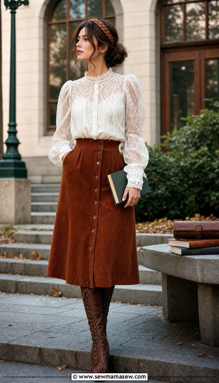 Puff Sleeve Lace Blouse with Corduroy Skirt - 25 cottagecore capsule wardrobe outfits