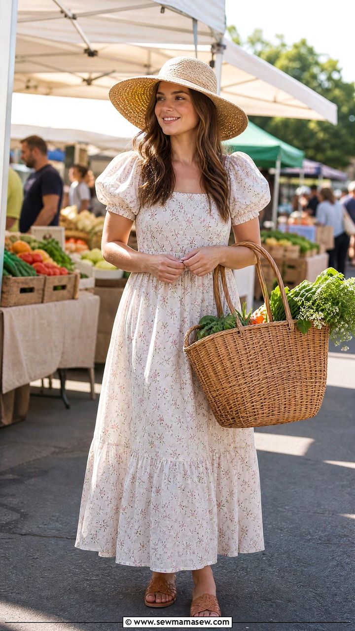 Puff Sleeve Maxi Dress Farmers Market Outfit - 30 summer maxi dress outfit ideas