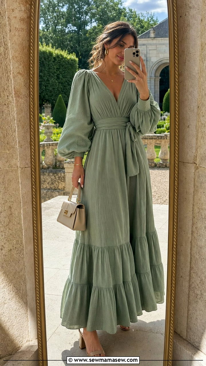 Puff Sleeve Maxi Dress With Block Heels - 35 Boho outfit ideas for wedding guest