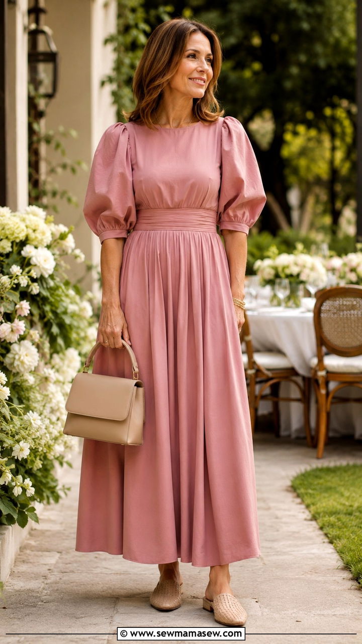 Puff Sleeve Maxi Dress With Mules - 30 maxi dress outfits for women over 40