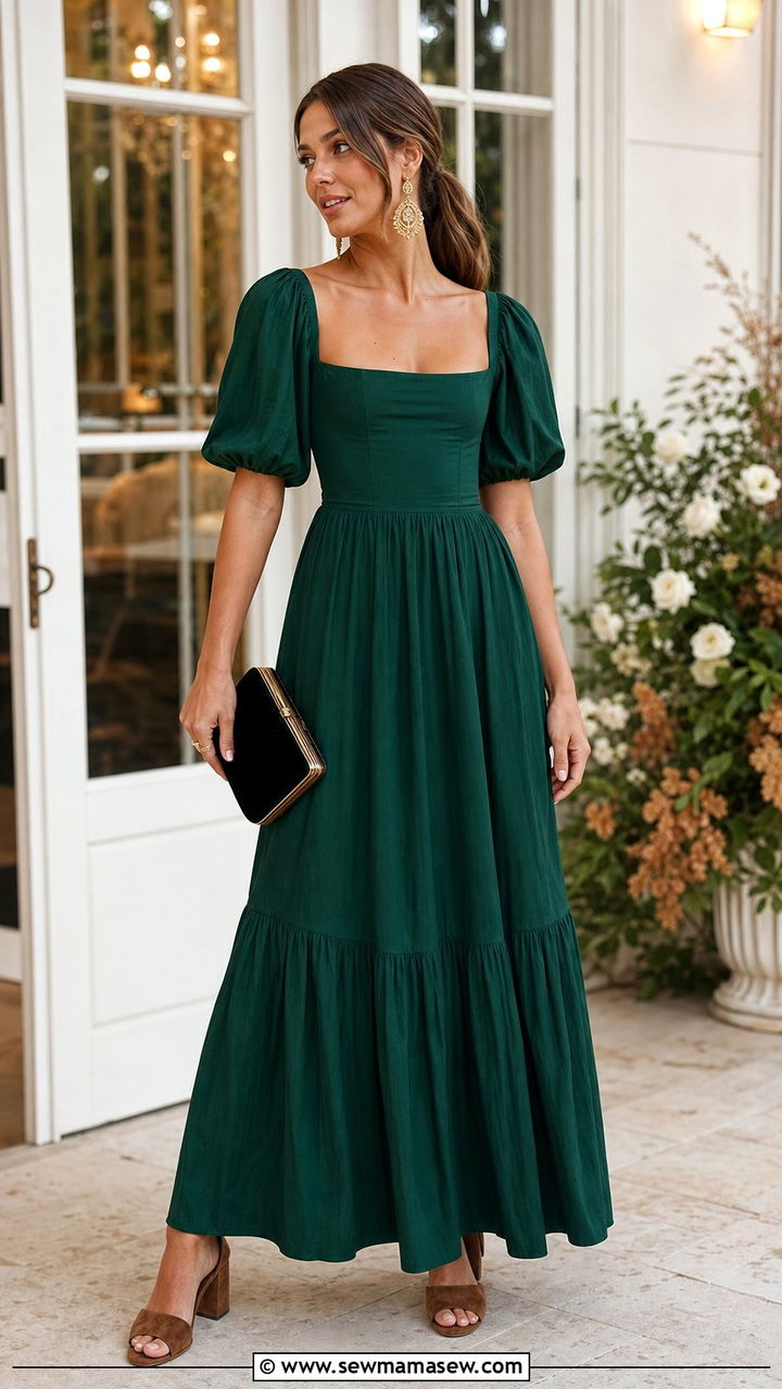 Puff Sleeve Maxi Dress with Suede Block Heels - 35 Boho wedding guest outfits