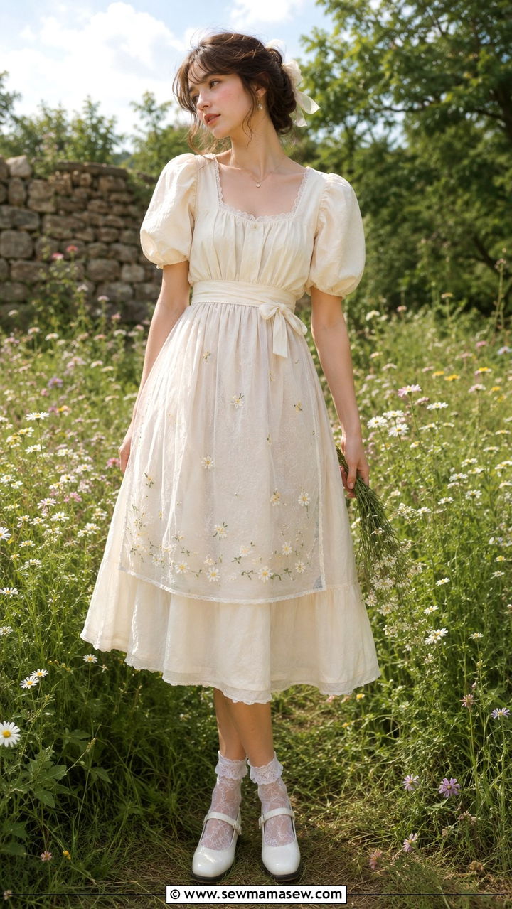 Puff Sleeve Midi Dress And Apron Overlay - 25 poetcore outfits
