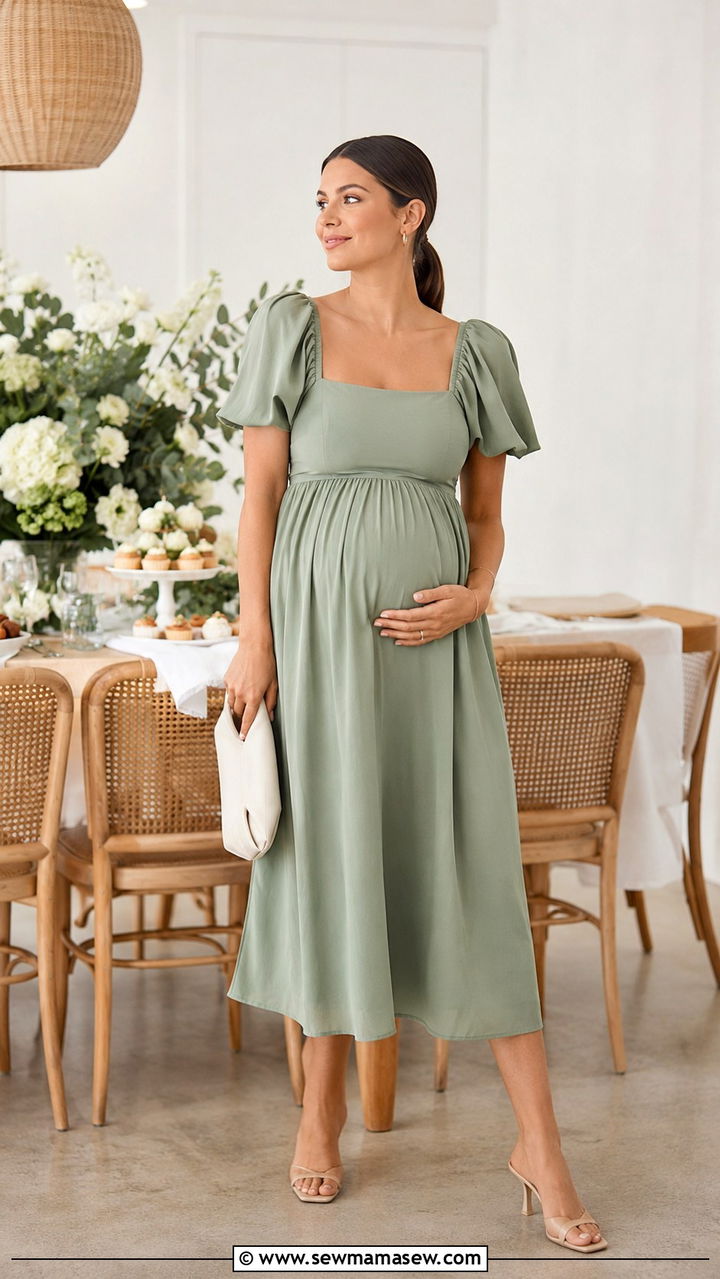 Puff Sleeve Midi Dress Baby Shower - 30 chic baby shower outfits for women