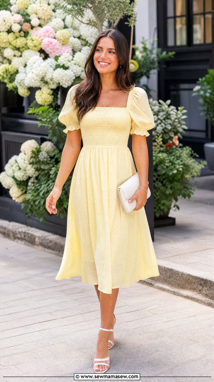 Puff Sleeve Midi Dress In Pastel Yellow - 30 cute bridal shower outfits