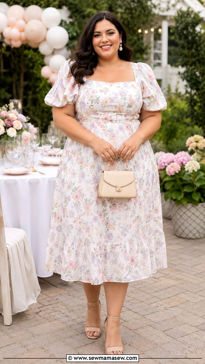 Puff Sleeve Midi Dress Summer Outfit - 30 Plus size summer dresses