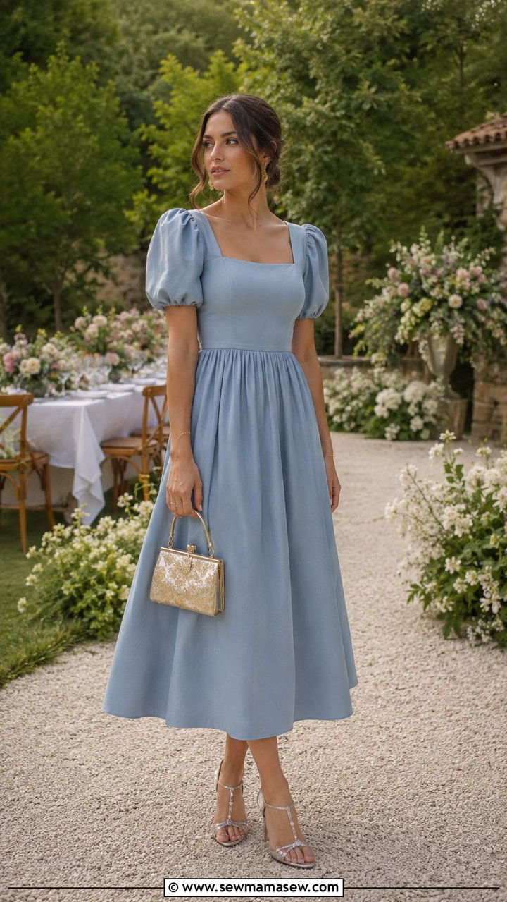 Puff Sleeve Midi Dress Wedding Guest - 30 modest wedding guest outfit ideas