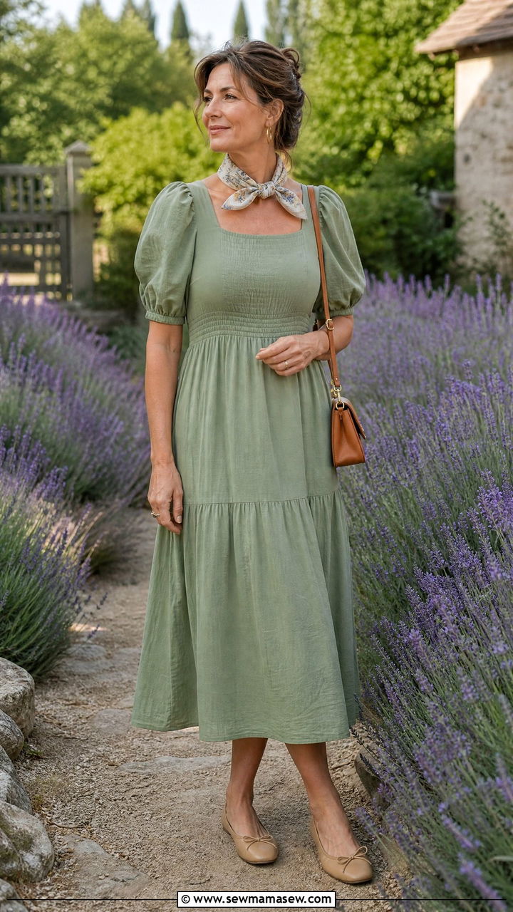 Puff Sleeve Midi Dress With Ballet Flats - 30 cottagecore outfit ideas for women over 40