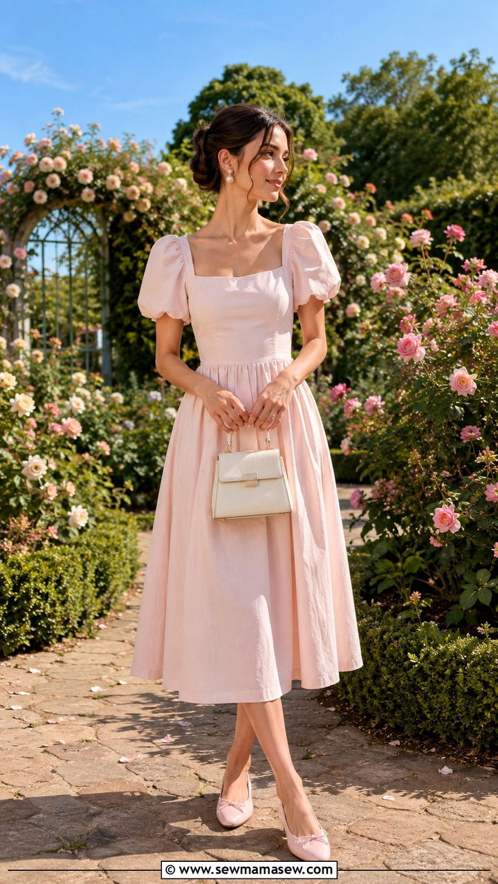 Puff Sleeve Midi Dress With Ballet Flats - 30 Midi dress for brunch outfit ideas