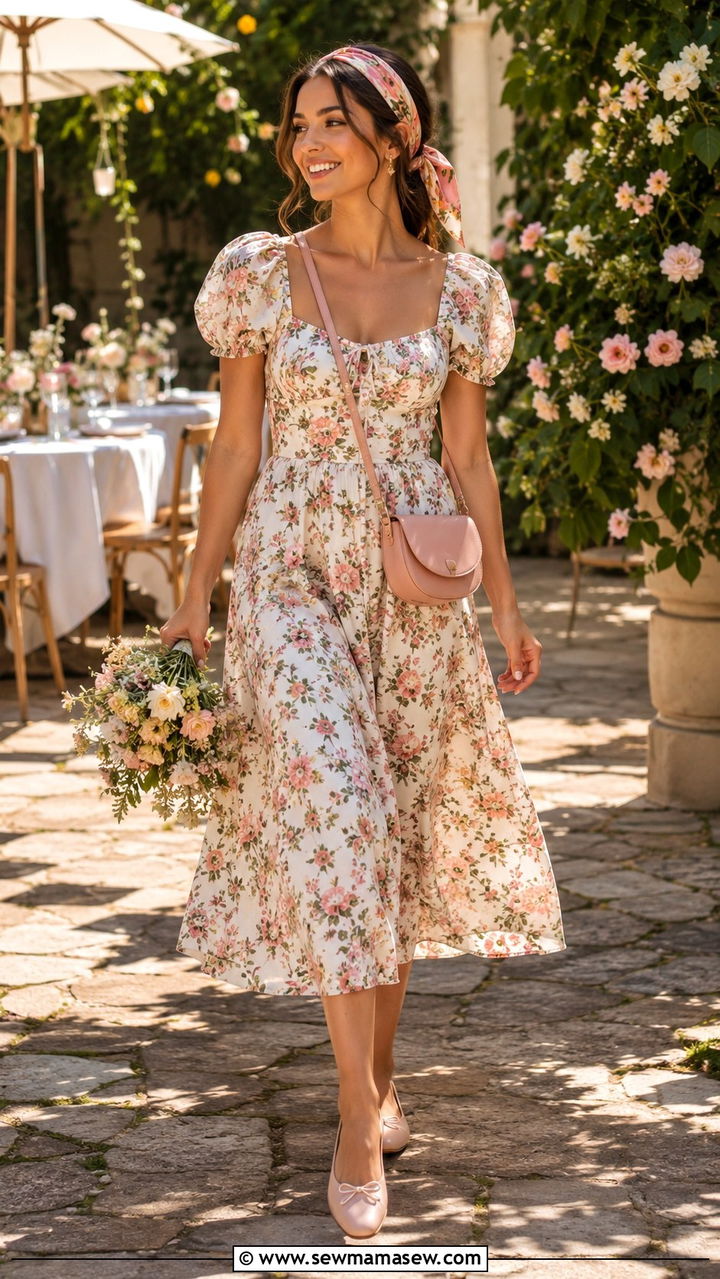 Puff Sleeve Midi Dress With Ballet Flats - 30 romantic outfit ideas for women