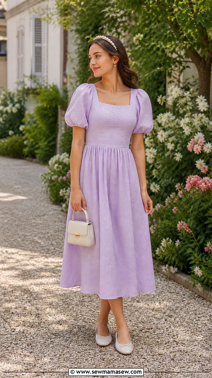 Puff Sleeve Midi Dress With Ballet Flats And Pearl Headband - 40 Casual wedding guest outfits