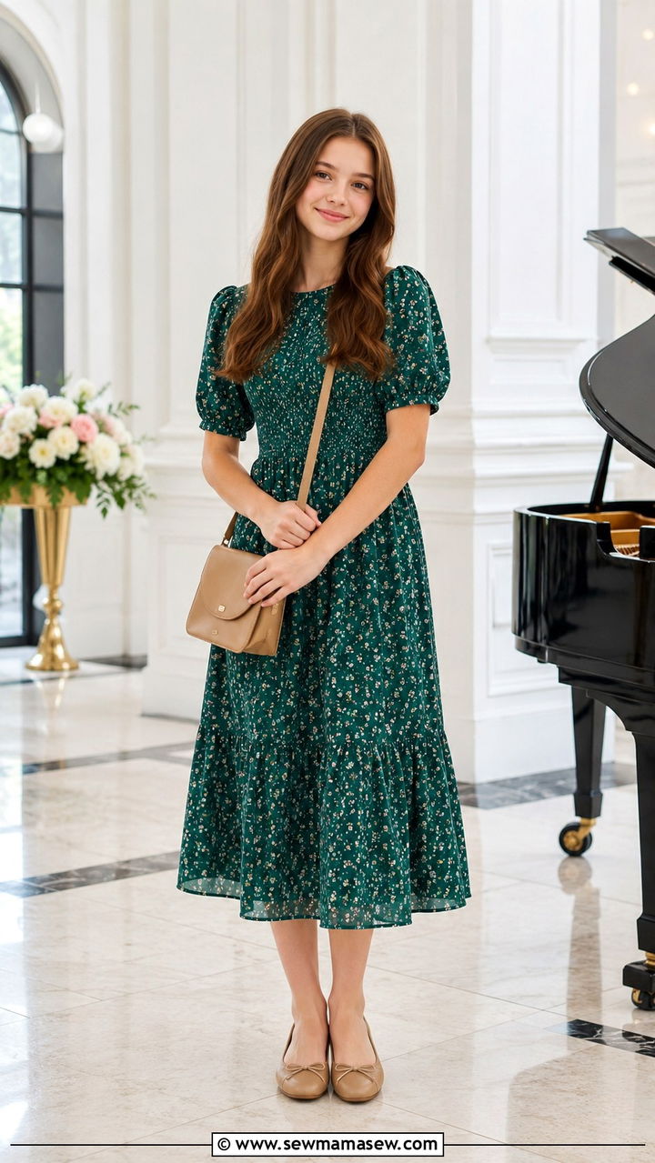 Puff Sleeve Midi Dress With Ballet Flats - 30 Modest outfit ideas for teens