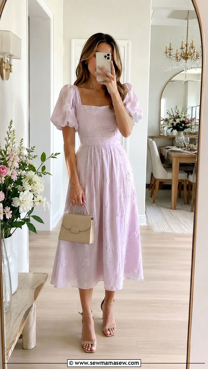 Puff Sleeve Midi Dress With Block Heel Sandals - 30 Midi dress with sandals outfit ideas