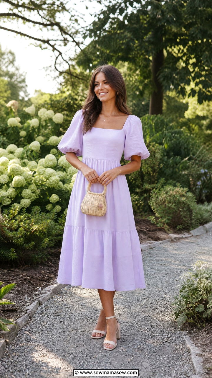 Puff Sleeve Midi Dress With Block Heels - 25 Outfit ideas to flatter arms