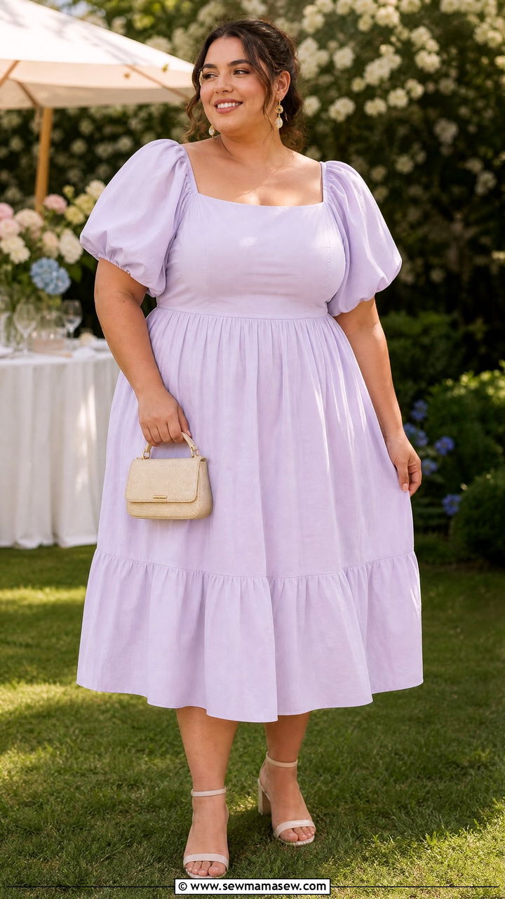 Puff Sleeve Midi Dress With Block Heels Outfit - 30 Cute outfits for curvy women