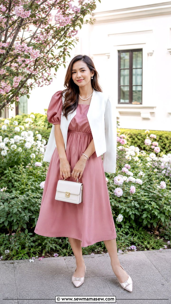 Puff Sleeve Midi Dress With Cropped Blazer - 30 Midi dress outfit ideas with a blazer