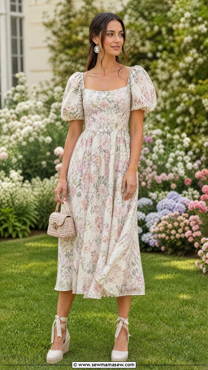 Puff Sleeve Midi Dress With Espadrille Wedges - 30 summer midi dress outfit ideas