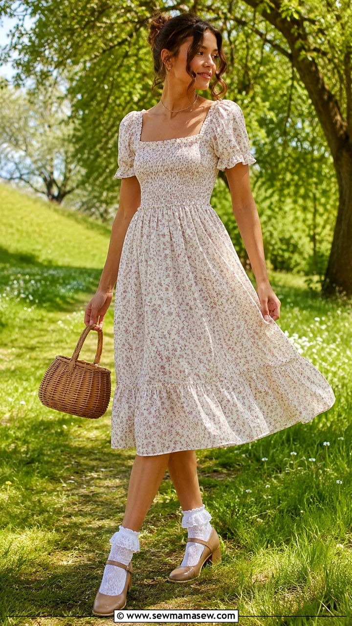 Puff Sleeve Midi Dress With Lace Socks And Block Heels Outfit - 20 cute poetcore outfits