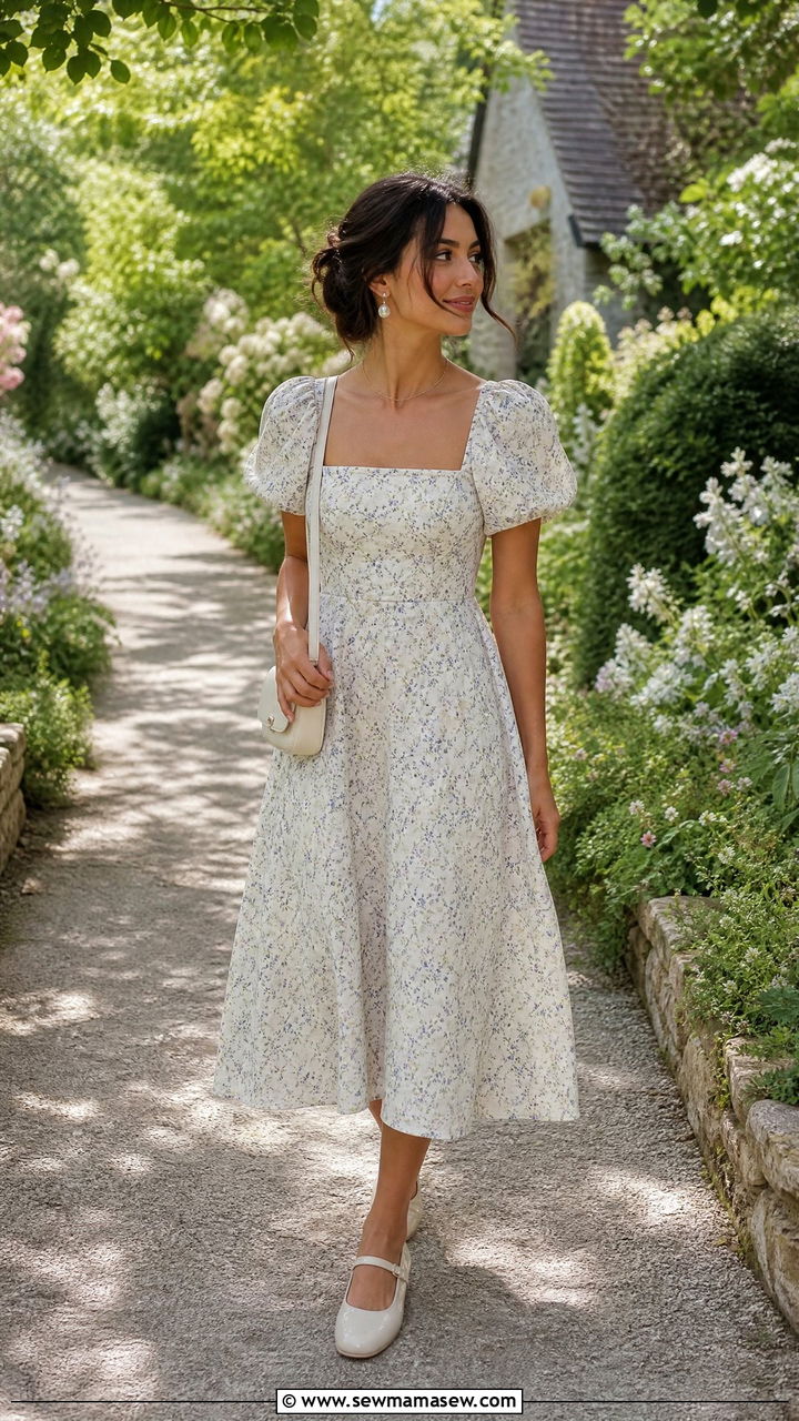 Puff Sleeve Midi Dress With Mary Jane Flats - 40 Garden wedding guest outfit ideas