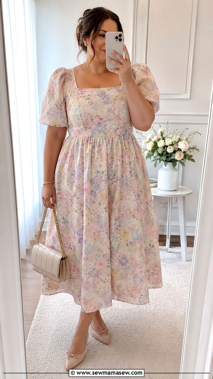 Puff Sleeve Midi Dress With Pointed Toe Flats - 30 plus size spring wedding guest outfit ideas