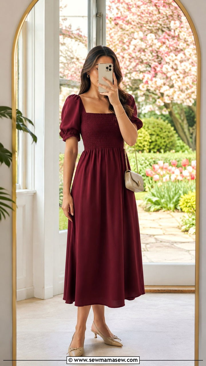 Puff Sleeve Midi Dress With Slingback Heels - 30 modest graduation outfit ideas