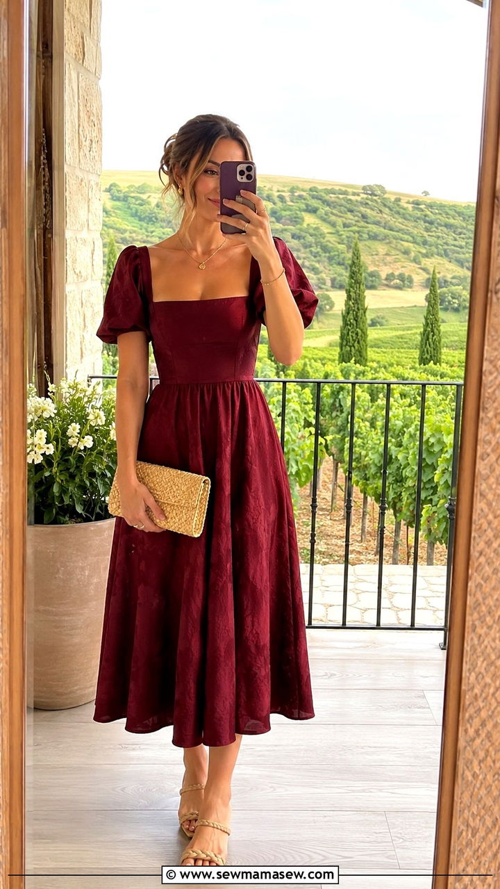 Puff Sleeve Midi Dress With Straw Clutch - 25 Winery wedding guest outfit ideas