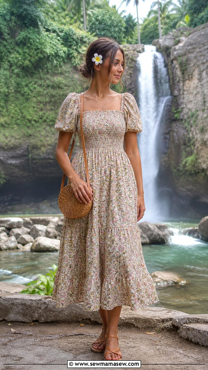 Puff Sleeve Midi Dress With Woven Crossbody Bag - 40 Bali outfit ideas