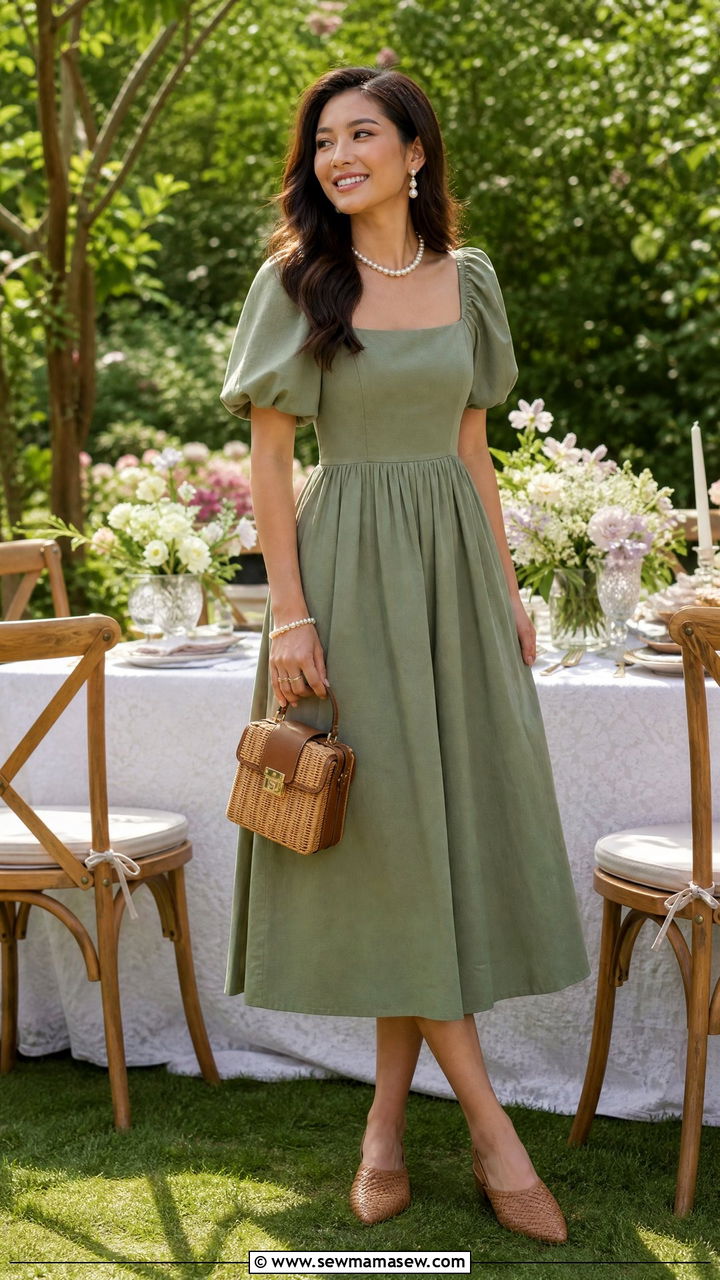 Puff Sleeve Midi Dress With Woven Flats - 30 Cottagecore summer outfits