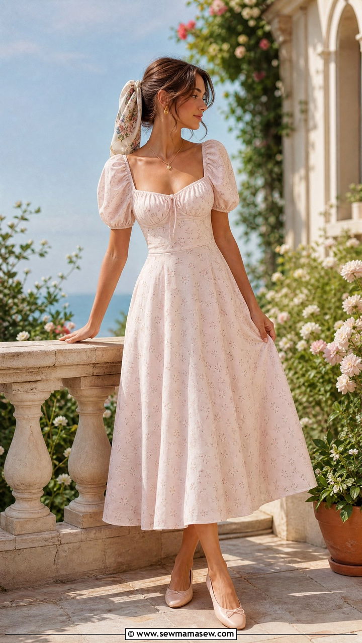 Puff Sleeve Midi Dress and Ballet Flats - 30 summer romantic outfit ideas
