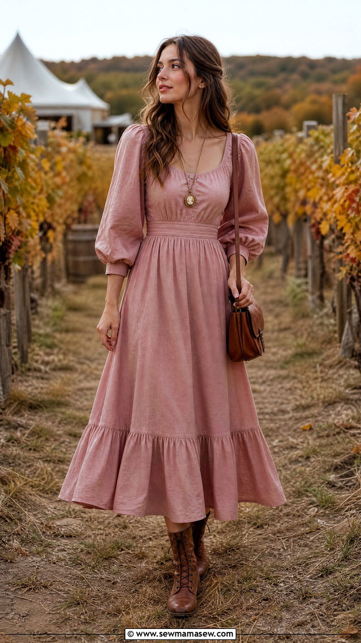 Puff Sleeve Midi Dress and Lace Up Boots - 30 fairycore outfits for women