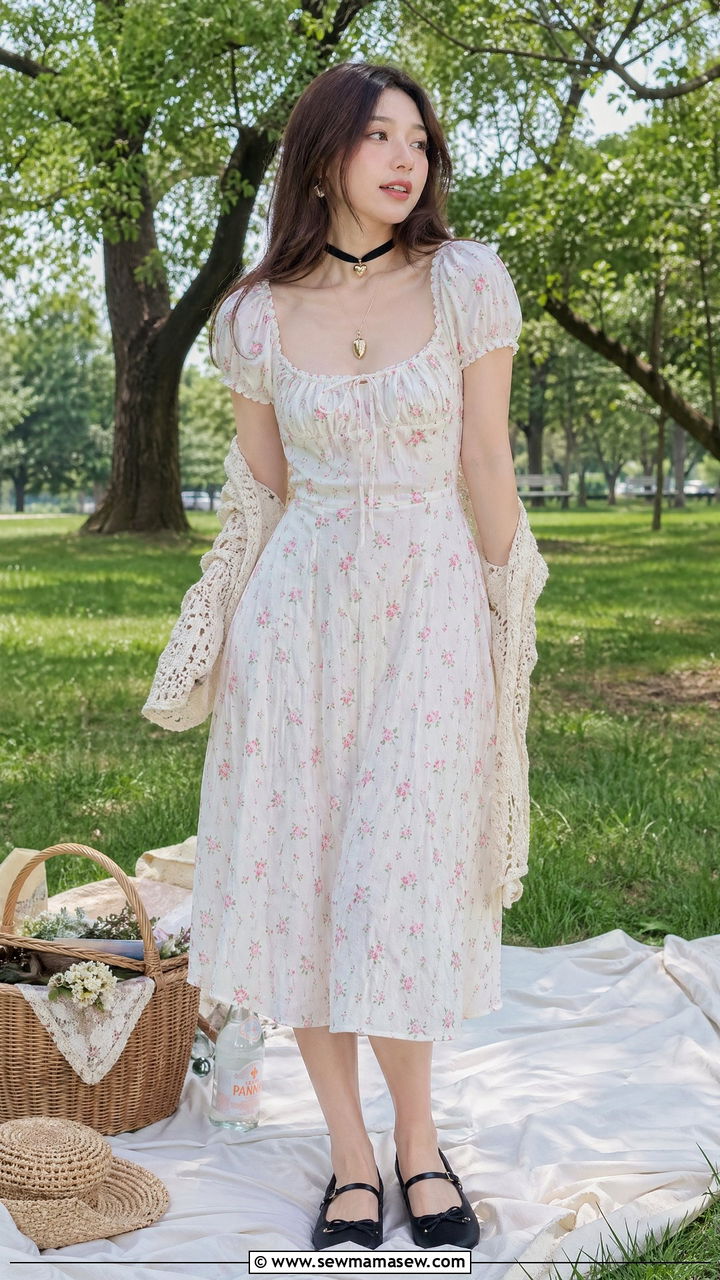 Puff Sleeve Midi Dress and Mary Jane Flats Fairy Outfit - 35 Fairycore outfit ideas