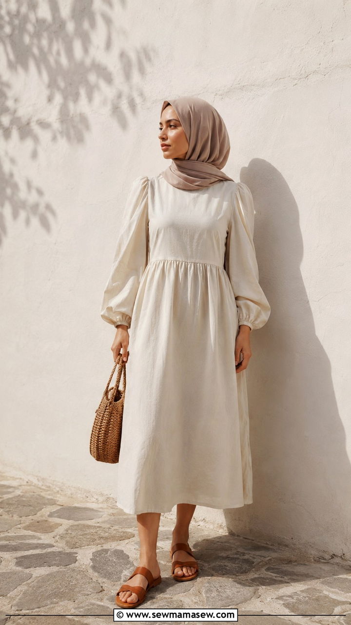 Puff Sleeve Midi Dress in Breathable Cotton - 25 Modest outfit ideas for humid weather