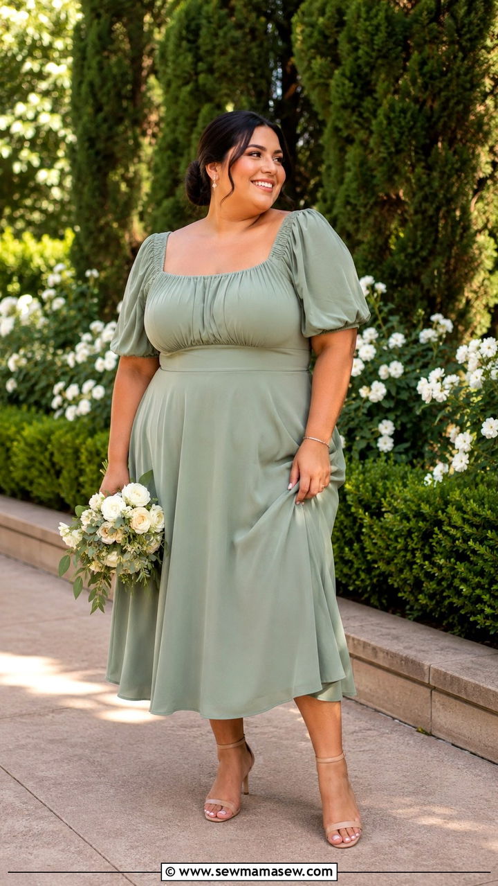 Puff Sleeve Midi Dress with Heeled Sandals - 30 Plus size outfit ideas for graduation