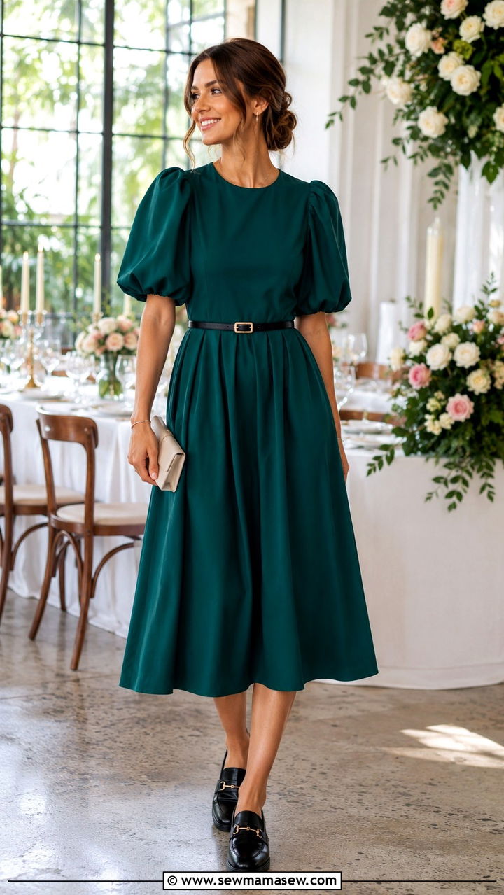 Puff Sleeve Midi Dress with Loafers - 25 Midi dress with loafers outfit ideas