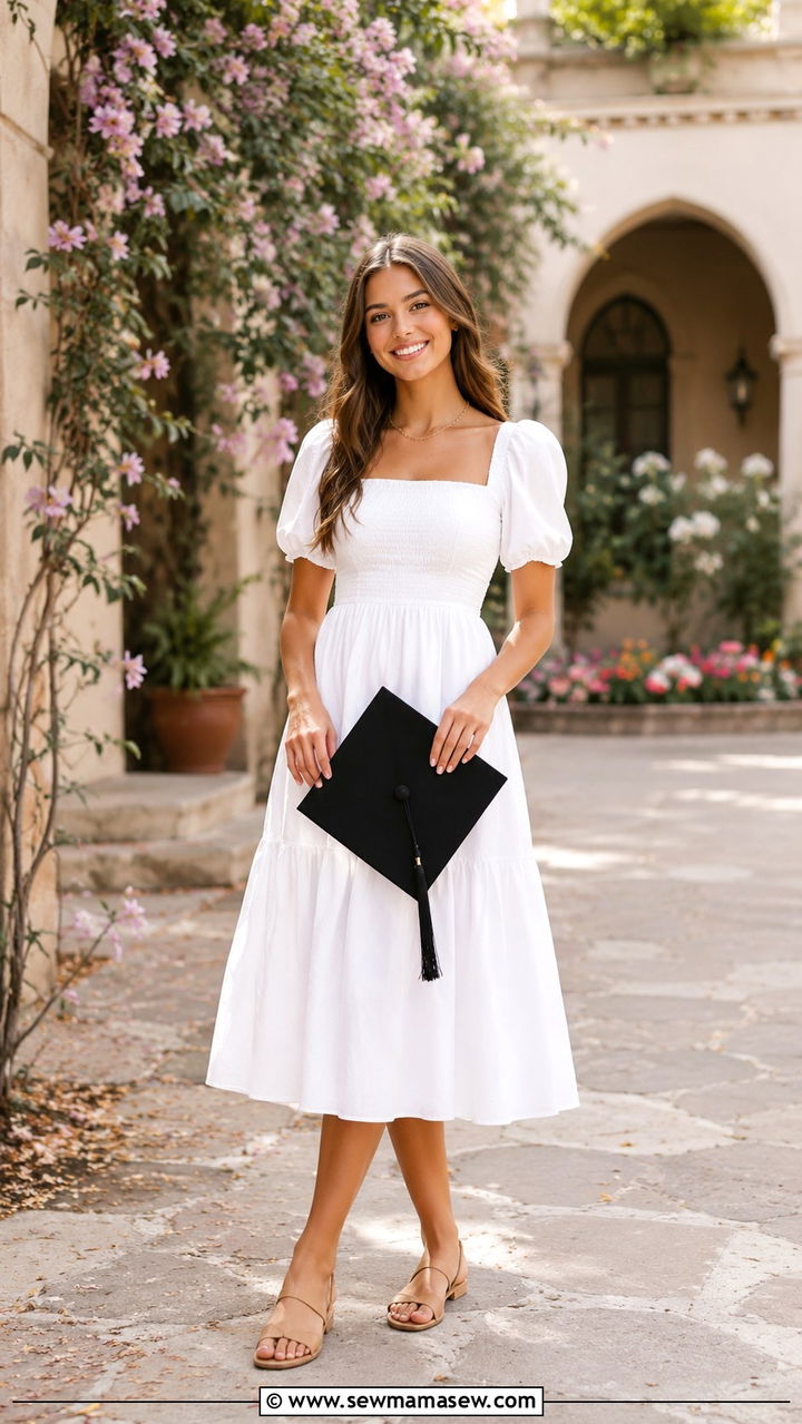 Puff Sleeve Midi Dress with Neutral Sandals - 30 graduation outfits ideas