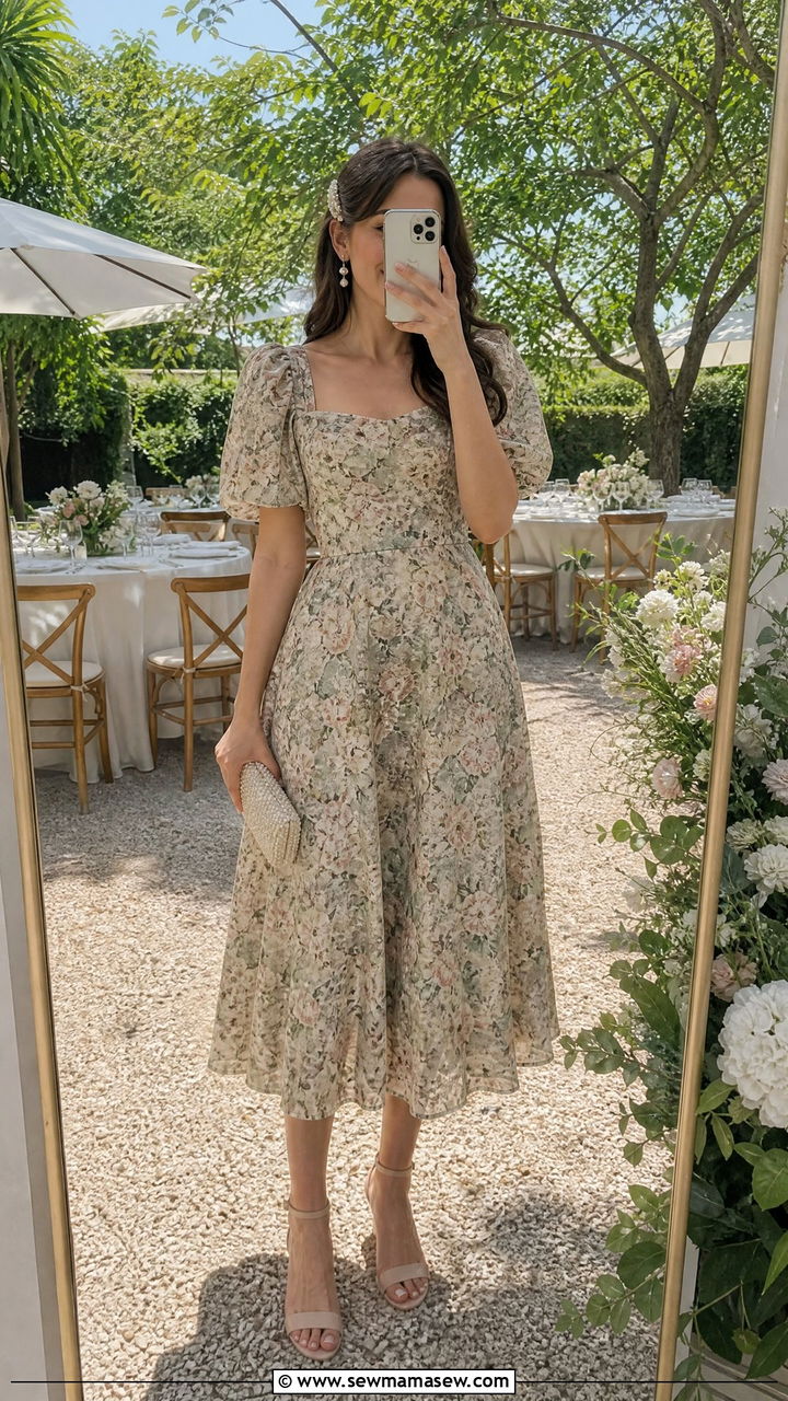 Puff Sleeve Midi Dress with Pearl Accessories - 35 Garden wedding guest outfits
