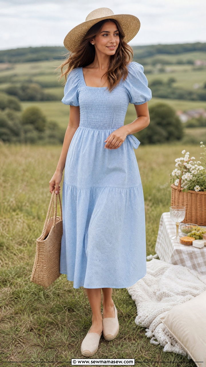 Puff Sleeve Midi Dress with Straw Hat - 30 summer picnic outfit ideas