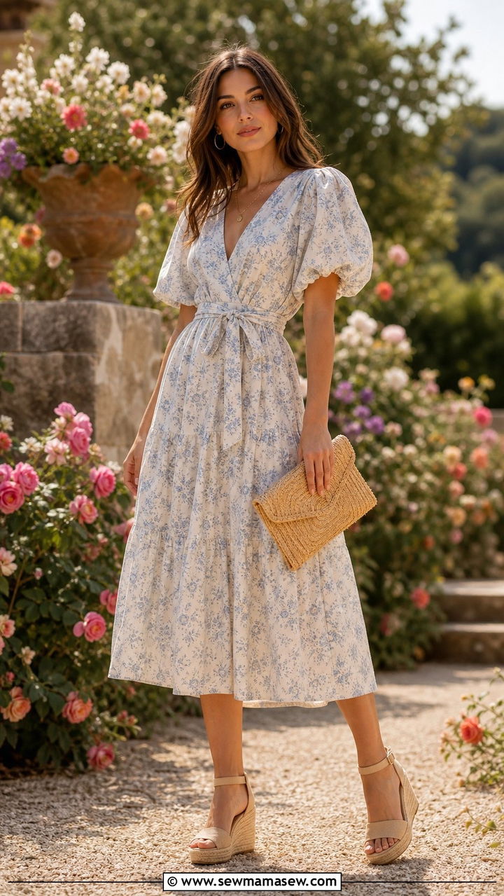 Puff Sleeve Midi Dress with Waist Tie and Espadrilles - 25 cute modest classy outfits