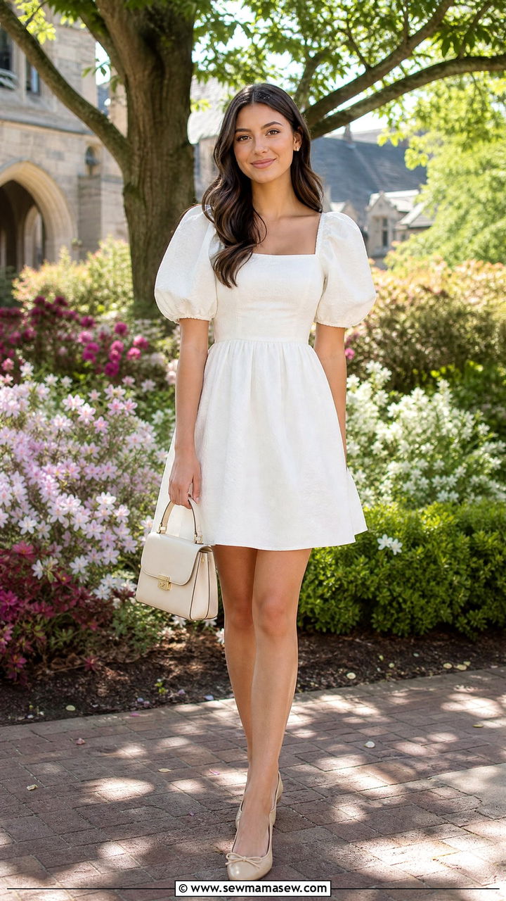 Puff Sleeve Mini Dress With Ballet Flats - 35 graduation outfits for women