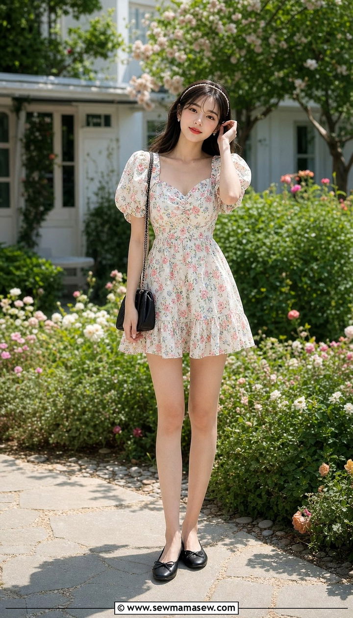 Puff Sleeve Mini Dress With Ballet Flats - 25 dress outfits aesthetic